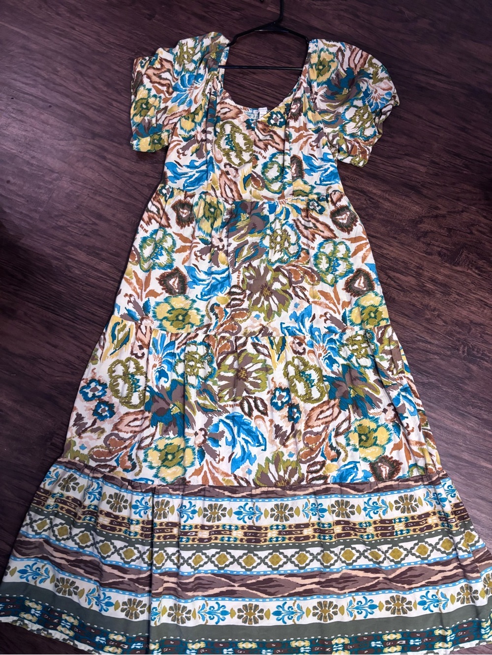Cato Women’s Floral Puff-Sleeve Maxi Dress in Blue, Green & Brown
